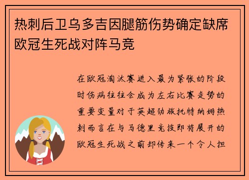 热刺后卫乌多吉因腿筋伤势确定缺席欧冠生死战对阵马竞