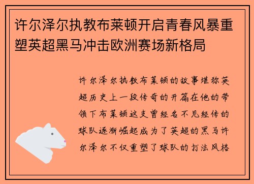 许尔泽尔执教布莱顿开启青春风暴重塑英超黑马冲击欧洲赛场新格局