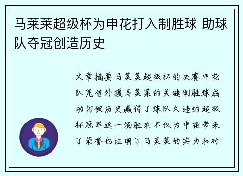 马莱莱超级杯为申花打入制胜球 助球队夺冠创造历史