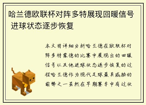 哈兰德欧联杯对阵多特展现回暖信号 进球状态逐步恢复
