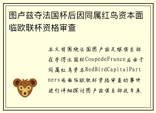 图卢兹夺法国杯后因同属红鸟资本面临欧联杯资格审查