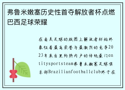 弗鲁米嫩塞历史性首夺解放者杯点燃巴西足球荣耀 弗鲁米嫩塞历史性首夺解放者杯点燃巴西足球荣耀